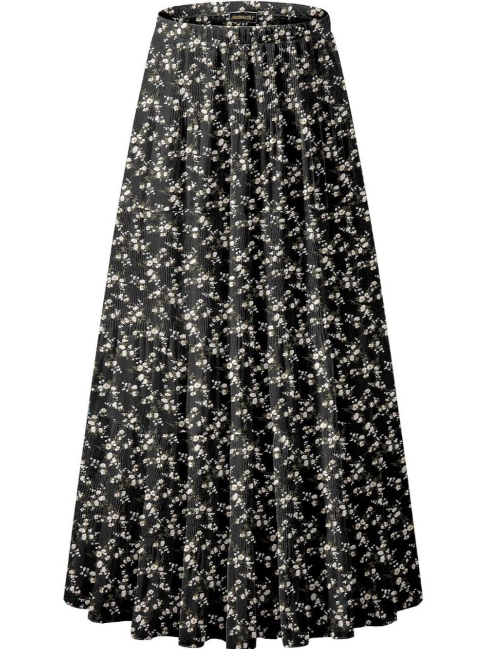 Women Black White Flower Chiffon Elastic High Waisted Pleated A-Line Long Skirt